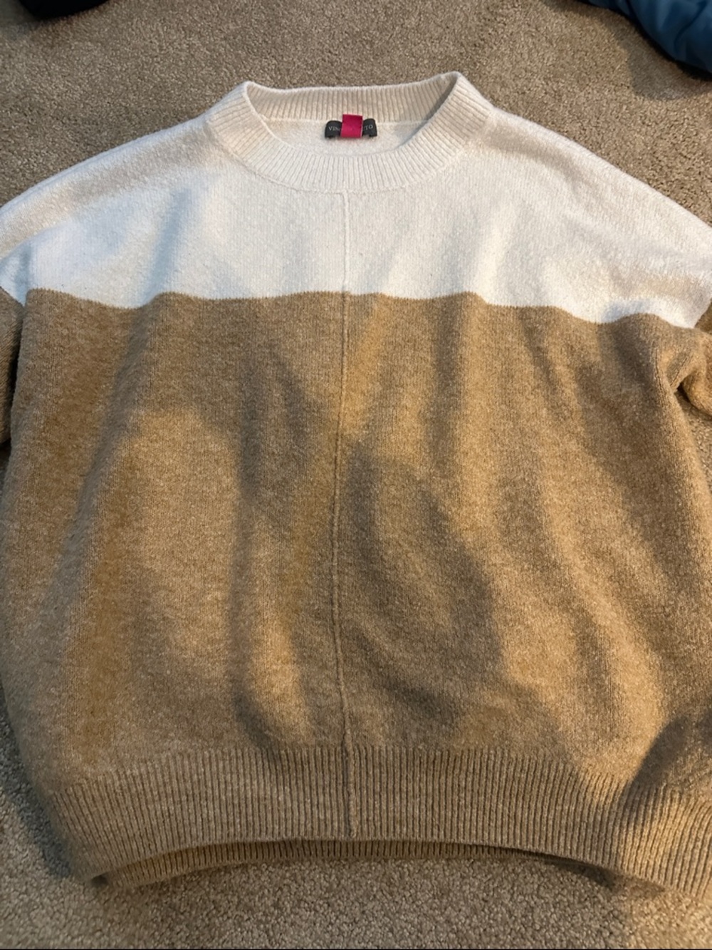 Women’s Two-Tone Crewneck Sweater in White and Tan (Vine Camuto)